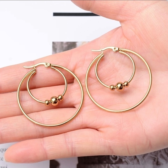 3 For $35 14K Gold Beaded Double Hoop Earrings - Picture 1 of 4